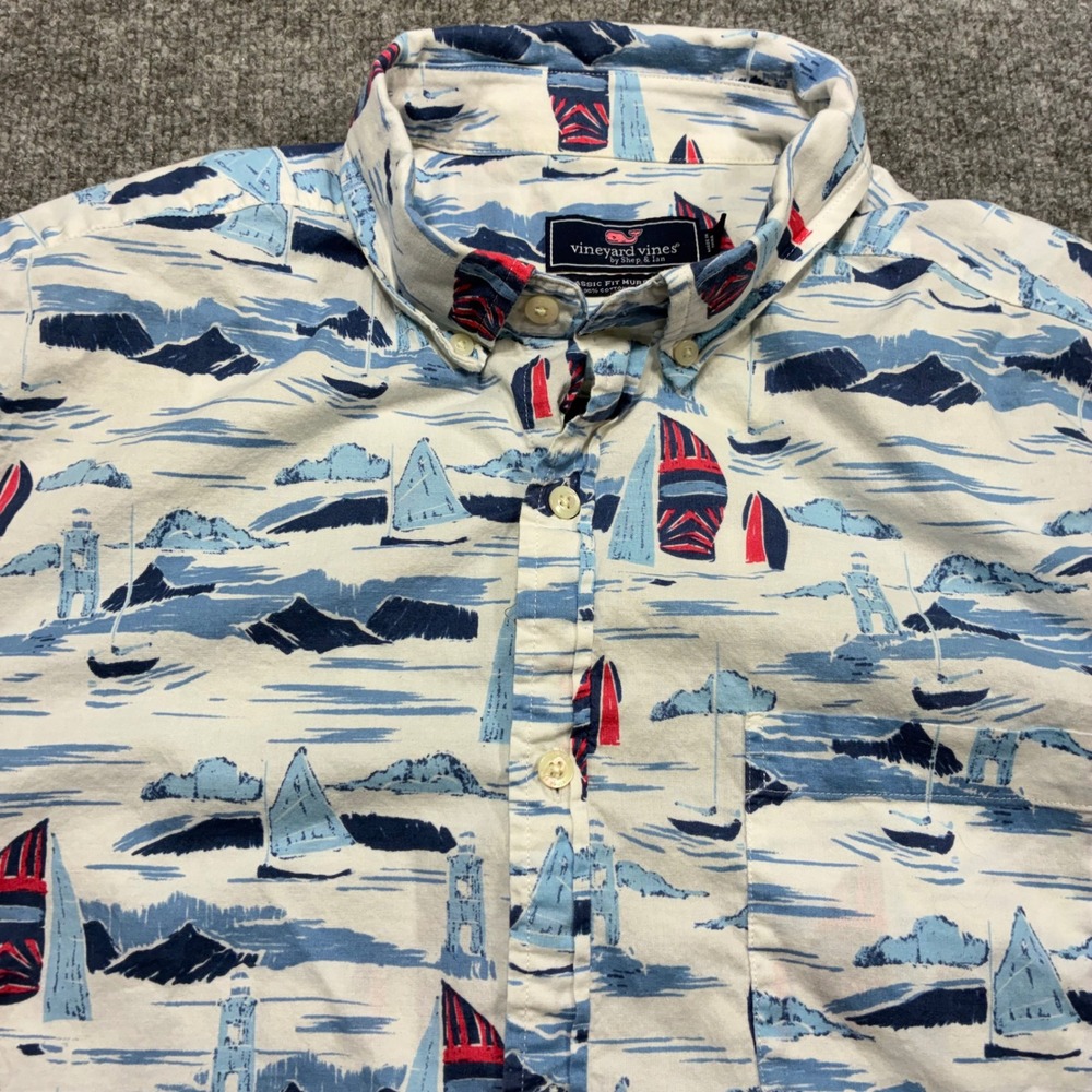 Vineyard Vines‎ Murray Shirt Mens L White All Over Sailboat Print Short Sleeve